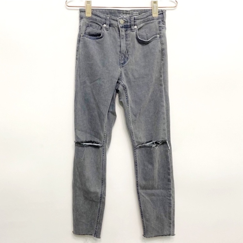 cos | high rise skinny fit cropped leg distressed knee raw hem grey jeans 27